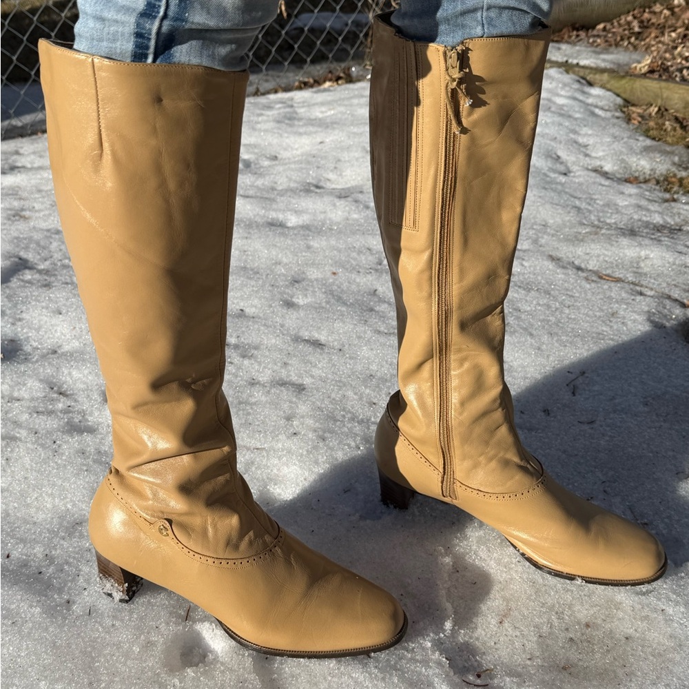Classic Tan Leather Knee-High Heeled Boots